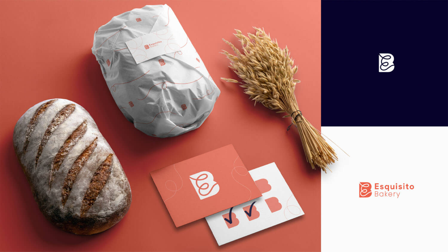 Nuevo branding de Esquisito Bakery aplicado en pan y tarjetas de visita